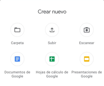 Menú de subida de archivos a Google Drive en el celular